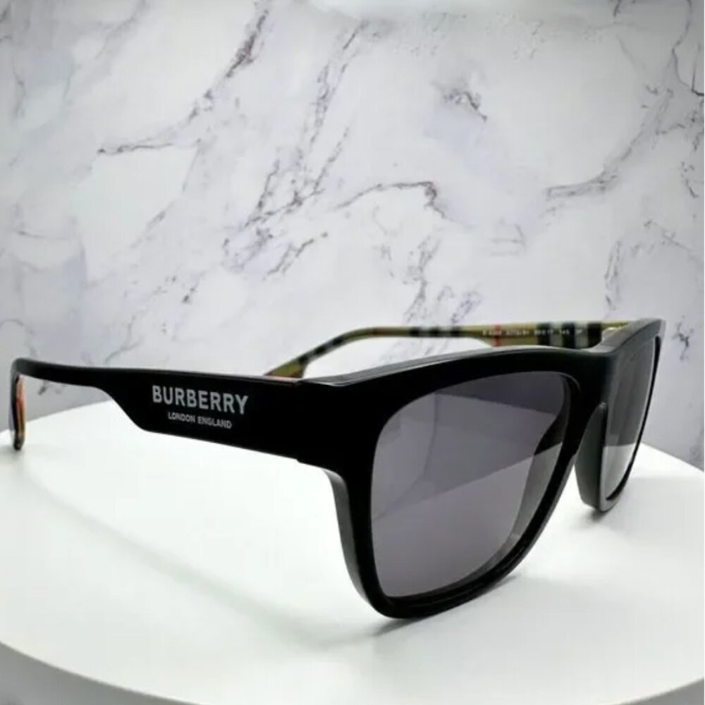 Burberry Sunglasses Black Polarized Square White Logo Solid Checkere - Picture 6 of 9